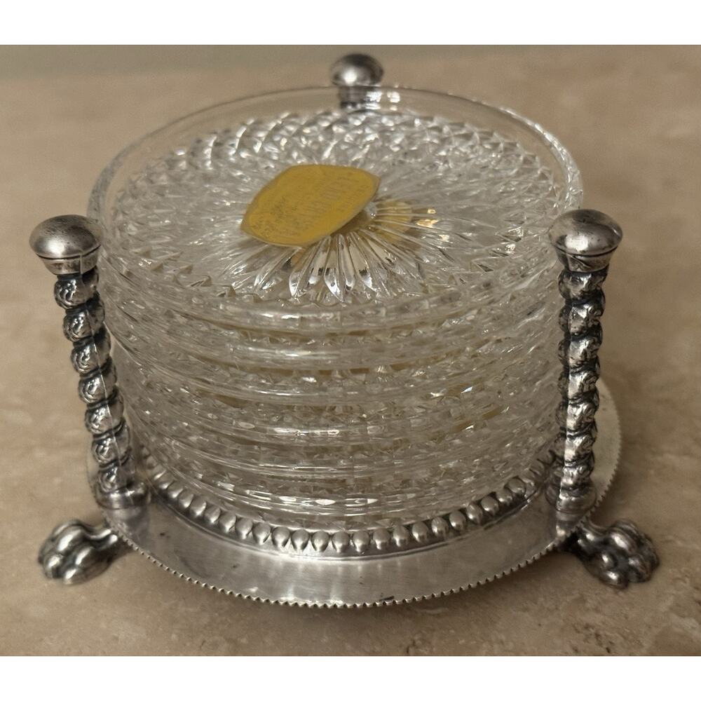 F.B. Rogers Silverplate Coaster Set with Lead Crystal Coasters Mid-20th Century